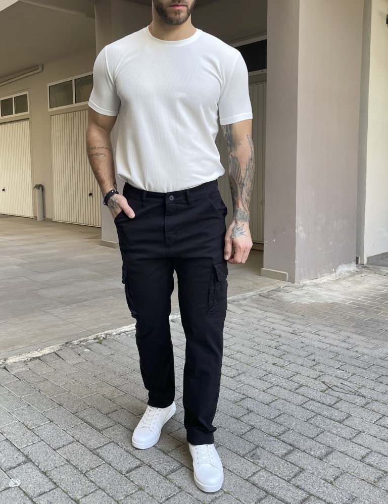 Ανδρικό cargo μαύρο παντελόνι υφασμάτινο ίσιο BC47501 φωτογραφία